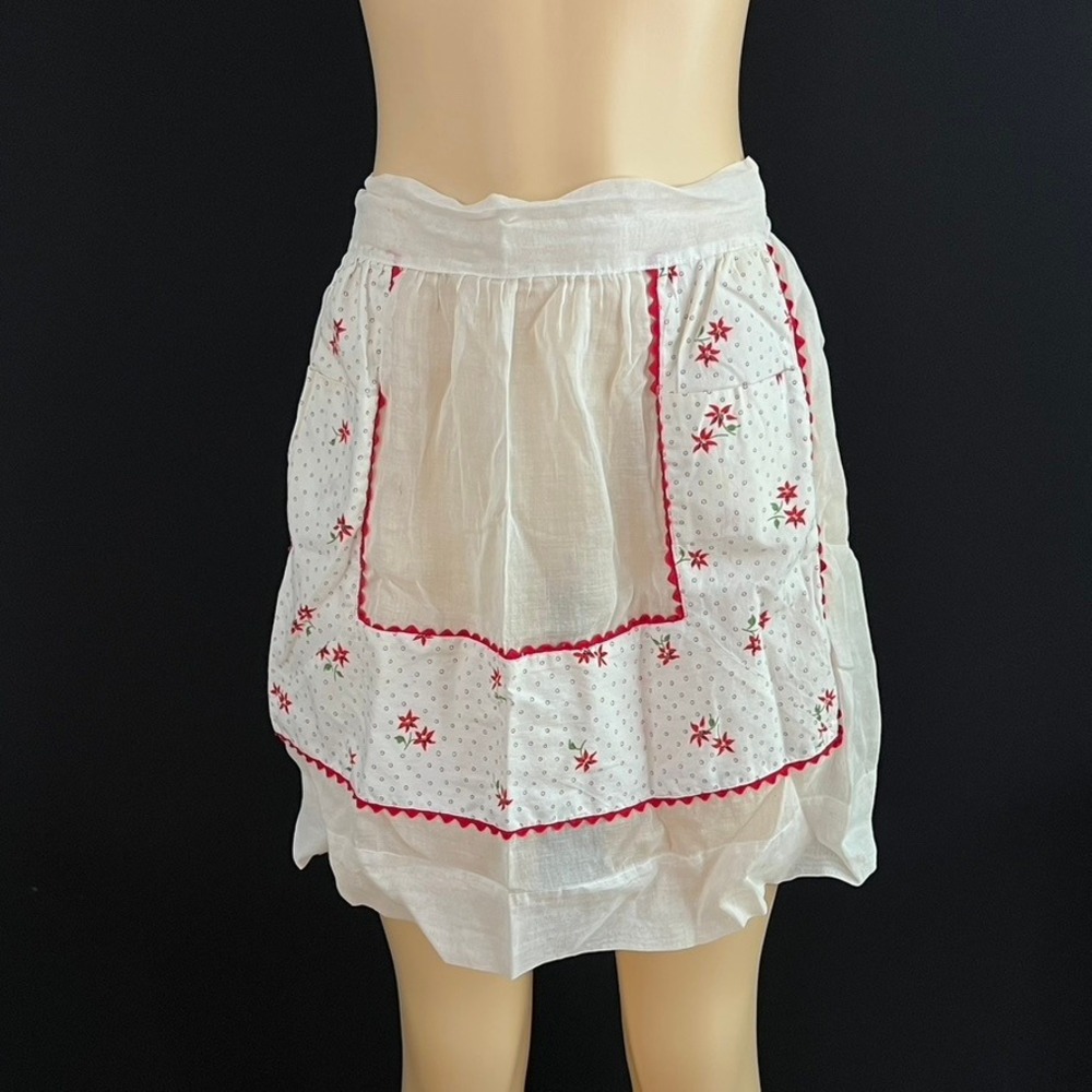 Vintage Half‎ Apron Womens Poinsettia Sheer Rickrack White Cottagecore MCM 50s